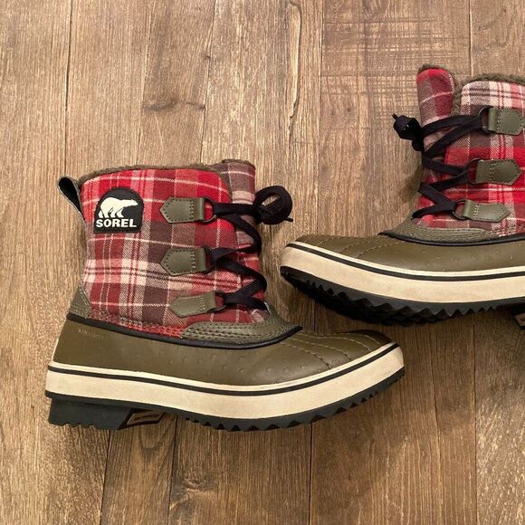 Sorel Tivoli Plaid Rain Ankle Booties Insulated Duck Boots Snow Hiking Olive 7 - Picture 1 of 6